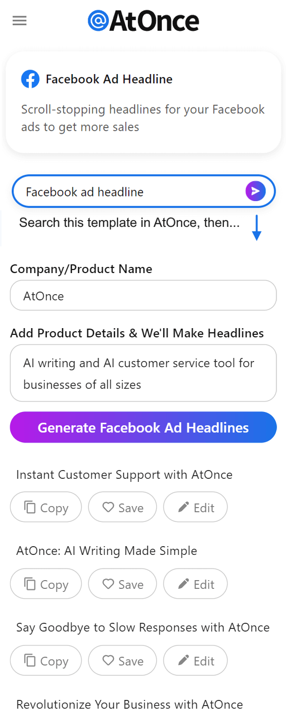 AtOnce AI Facebook ad headline generator